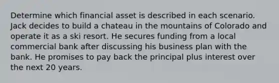 Determine which financial asset is described in each scenario. Jack decides to build a chateau in the mountains of Colorado and operate it as a ski resort. He secures funding from a local commercial bank after discussing his business plan with the bank. He promises to pay back the principal plus interest over the next 20 years.