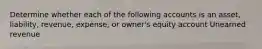 Determine whether each of the following accounts is an asset, liability, revenue, expense, or owner's equity account Unearned revenue