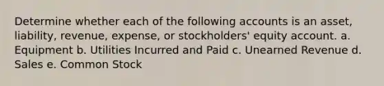 Determine whether each of the following accounts is an asset, liability, revenue, expense, or stockholders' equity account. a. Equipment b. Utilities Incurred and Paid c. Unearned Revenue d. Sales e. Common Stock