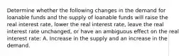 Determine whether the following changes in the demand for loanable funds and the supply of loanable funds will raise the real interest rate, lower the real interest rate, leave the real interest rate unchanged, or have an ambiguous effect on the real interest rate: A. Increase in the supply and an increase in the demand.