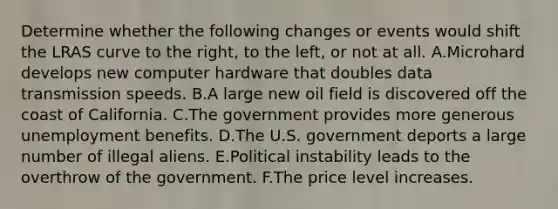 Determine whether the following changes or events would shift the LRAS curve to the right, to the left, or not at all. A.Microhard develops new computer hardware that doubles data transmission speeds. B.A large new oil field is discovered off the coast of California. C.The government provides more generous unemployment benefits. D.The U.S. government deports a large number of illegal aliens. E.Political instability leads to the overthrow of the government. F.The price level increases.