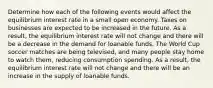 Determine how each of the following events would affect the equilibrium interest rate in a small open economy. Taxes on businesses are expected to be increased in the future. As a​ result, the equilibrium interest rate will not change and there will be a decrease in the demand for loanable funds. The World Cup soccer matches are being televised, and many people stay home to watch them, reducing consumption spending. As a​ result, the equilibrium interest rate will not change and there will be an increase in the supply of loanable funds.