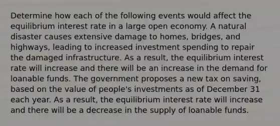 Determine how each of the following events would affect the equilibrium interest rate in a large open economy. A natural disaster causes extensive damage to homes, bridges, and highways, leading to increased investment spending to repair the damaged infrastructure. As a​ result, the equilibrium interest rate will increase and there will be an increase in the demand for loanable funds. The government proposes a new tax on saving, based on the value of people's investments as of December 31 each year. As a​ result, the equilibrium interest rate will increase and there will be a decrease in the supply of loanable funds.