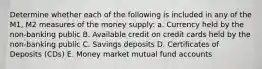 Determine whether each of the following is included in any of the M1, M2 measures of the money supply: a. Currency held by the non-banking public B. Available credit on credit cards held by the non-banking public C. Savings deposits D. Certificates of Deposits (CDs) E. Money market mutual fund accounts