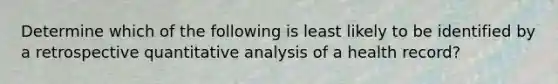Determine which of the following is least likely to be identified by a retrospective quantitative analysis of a health record?