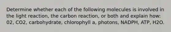 Determine whether each of the following molecules is involved in the light reaction, the carbon reaction, or both and explain how: 02, CO2, carbohydrate, chlorophyll a, photons, NADPH, ATP, H2O.