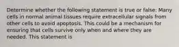 Determine whether the following statement is true or false: Many cells in normal animal tissues require extracellular signals from other cells to avoid apoptosis. This could be a mechanism for ensuring that cells survive only when and where they are needed. This statement is