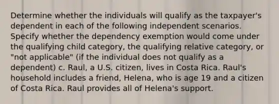 Determine whether the individuals will qualify as the taxpayer's dependent in each of the following independent scenarios. Specify whether the dependency exemption would come under the qualifying child category, the qualifying relative category, or "not applicable" (if the individual does not qualify as a dependent) c. Raul, a U.S. citizen, lives in Costa Rica. Raul's household includes a friend, Helena, who is age 19 and a citizen of Costa Rica. Raul provides all of Helena's support.