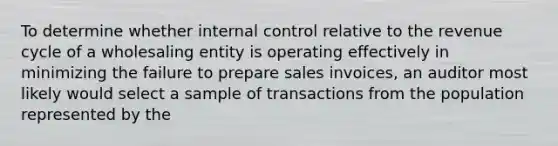 To determine whether internal control relative to the revenue cycle of a wholesaling entity is operating effectively in minimizing the failure to prepare sales invoices, an auditor most likely would select a sample of transactions from the population represented by the