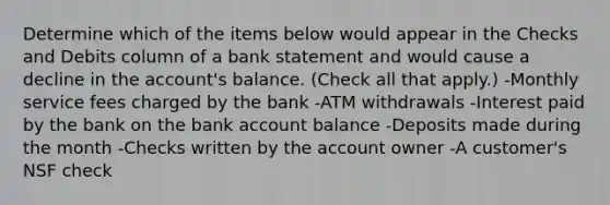 Determine which of the items below would appear in the Checks and Debits column of a bank statement and would cause a decline in the account's balance. (Check all that apply.) -Monthly service fees charged by the bank -ATM withdrawals -Interest paid by the bank on the bank account balance -Deposits made during the month -Checks written by the account owner -A customer's NSF check