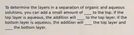 To determine the layers in a separation of organic and aqueous solutions, you can add a small amount of ____ to the top. If the top layer is aqueous, the addition will ____ to the top layer. If the bottom layer is aqueous, the addition will ____ the top layer and ____ the bottom layer.