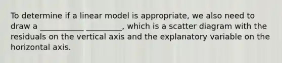 To determine if a linear model is appropriate, we also need to draw a ___________ _________, which is a scatter diagram with the residuals on the vertical axis and the explanatory variable on the horizontal axis.