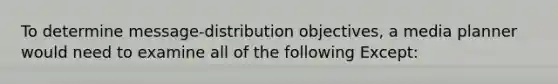 To determine message-distribution objectives, a media planner would need to examine all of the following Except: