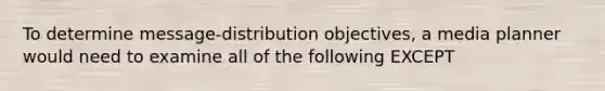 To determine message-distribution objectives, a media planner would need to examine all of the following EXCEPT