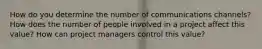 How do you determine the number of communications channels? How does the number of people involved in a project affect this value? How can project managers control this value?