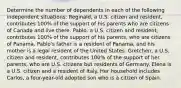 Determine the number of dependents in each of the following independent situations: Reginald, a U.S. citizen and resident, contributes 100% of the support of his parents who are citizens of Canada and live there. Pablo, a U.S. citizen and resident, contributes 100% of the support of his parents, who are citizens of Panama. Pablo's father is a resident of Panama, and his mother is a legal resident of the United States. Gretchen, a U.S. citizen and resident, contributes 100% of the support of her parents, who are U.S. citizens but residents of Germany. Elena is a U.S. citizen and a resident of Italy. Her household includes Carlos, a four-year-old adopted son who is a citizen of Spain.