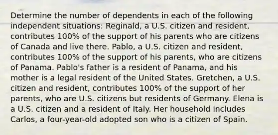 Determine the number of dependents in each of the following independent situations: Reginald, a U.S. citizen and resident, contributes 100% of the support of his parents who are citizens of Canada and live there. Pablo, a U.S. citizen and resident, contributes 100% of the support of his parents, who are citizens of Panama. Pablo's father is a resident of Panama, and his mother is a legal resident of the United States. Gretchen, a U.S. citizen and resident, contributes 100% of the support of her parents, who are U.S. citizens but residents of Germany. Elena is a U.S. citizen and a resident of Italy. Her household includes Carlos, a four-year-old adopted son who is a citizen of Spain.