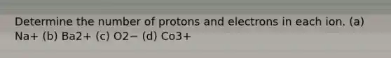 Determine the number of protons and electrons in each ion. (a) Na+ (b) Ba2+ (c) O2− (d) Co3+