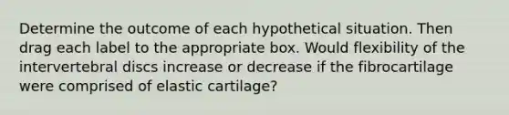 Determine the outcome of each hypothetical situation. Then drag each label to the appropriate box. Would flexibility of the intervertebral discs increase or decrease if the fibrocartilage were comprised of elastic cartilage?