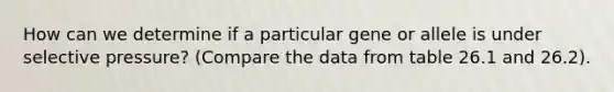 How can we determine if a particular gene or allele is under selective pressure? (Compare the data from table 26.1 and 26.2).