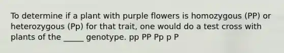 To determine if a plant with purple flowers is homozygous (PP) or heterozygous (Pp) for that trait, one would do a test cross with plants of the _____ genotype. pp PP Pp p P