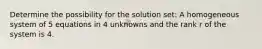 Determine the possibility for the solution set: A homogeneous system of 5 equations in 4 unknowns and the rank r of the system is 4.