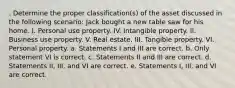 . Determine the proper classification(s) of the asset discussed in the following scenario: Jack bought a new table saw for his home. I. Personal use property. IV. Intangible property. II. Business use property. V. Real estate. III. Tangible property. VI. Personal property. a. Statements I and III are correct. b. Only statement VI is correct. c. Statements II and III are correct. d. Statements II, III, and VI are correct. e. Statements I, III, and VI are correct.