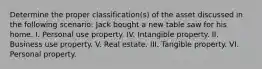 Determine the proper classification(s) of the asset discussed in the following scenario: Jack bought a new table saw for his home. I. Personal use property. IV. Intangible property. II. Business use property. V. Real estate. III. Tangible property. VI. Personal property.