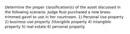 Determine the proper classification(s) of the asset discussed in the following scenario: Judge Ruiz purchased a new brass-trimmed gavel to use in her courtroom. 1) Personal Use property 2) business use property 3)tangible property 4) intangible property 5) real estate 6) personal property