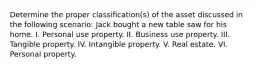 Determine the proper classification(s) of the asset discussed in the following scenario: Jack bought a new table saw for his home. I. Personal use property. II. Business use property. III. Tangible property. IV. Intangible property. V. Real estate. VI. Personal property.