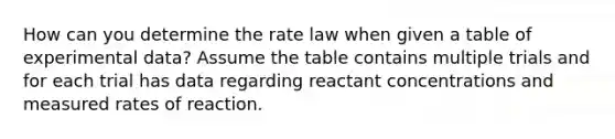 How can you determine the rate law when given a table of experimental data? Assume the table contains multiple trials and for each trial has data regarding reactant concentrations and measured rates of reaction.