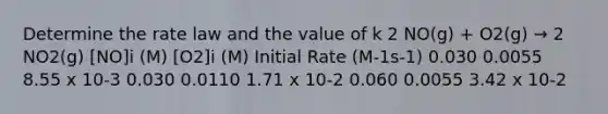 Determine the rate law and the value of k 2 NO(g) + O2(g) → 2 NO2(g) [NO]i (M) [O2]i (M) Initial Rate (M-1s-1) 0.030 0.0055 8.55 x 10-3 0.030 0.0110 1.71 x 10-2 0.060 0.0055 3.42 x 10-2