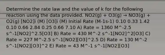 Determine the rate law and the value of k for the following reaction using the data provided. NO2(g) + O3(g) → NO3(g) + O2(g) [NO2]i (M) [O3]i (M) Initial Rate (M-1s-1) 0.10 0.33 1.42 0.10 0.66 2.84 0.25 0.66 7.10 A) Rate = 1360 M^-2.5 s^-1[NO2]^2.5[O3] B) Rate = 430 M^-2 s^-1[NO2]^2[O3] C) Rate = 227 M^-2.5 s^-1[NO2][O3]^2.5 D) Rate = 130 M^-2 s^-1[NO2][O3]^2 E) Rate = 43 M^-1 s^-1[NO2][O3]