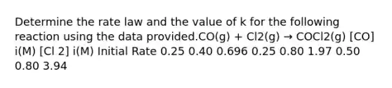 Determine the rate law and the value of k for the following reaction using the data provided.CO(g) + Cl2(g) → COCl2(g) [CO] i(M) [Cl 2] i(M) Initial Rate 0.25 0.40 0.696 0.25 0.80 1.97 0.50 0.80 3.94