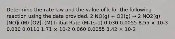 Determine the rate law and the value of k for the following reaction using the data provided. 2 NO(g) + O2(g) → 2 NO2(g) [NO]i (M) [O2]i (M) Initial Rate (M-1s-1) 0.030 0.0055 8.55 × 10-3 0.030 0.0110 1.71 × 10-2 0.060 0.0055 3.42 × 10-2