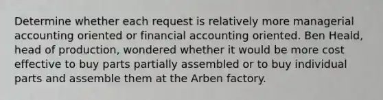 Determine whether each request is relatively more managerial accounting oriented or financial accounting oriented. Ben Heald, head of production, wondered whether it would be more cost effective to buy parts partially assembled or to buy individual parts and assemble them at the Arben factory.