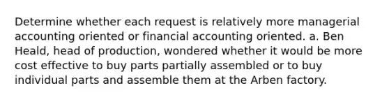 Determine whether each request is relatively more managerial accounting oriented or financial accounting oriented. a. Ben Heald, head of production, wondered whether it would be more cost effective to buy parts partially assembled or to buy individual parts and assemble them at the Arben factory.