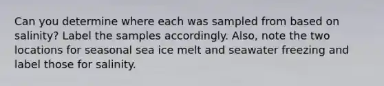 Can you determine where each was sampled from based on salinity? Label the samples accordingly. Also, note the two locations for seasonal sea ice melt and seawater freezing and label those for salinity.