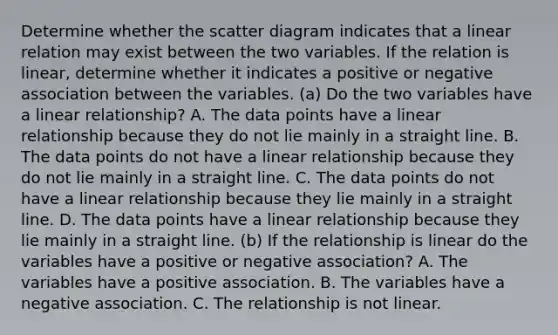 Determine whether the scatter diagram indicates that a linear relation may exist between the two variables. If the relation is​ linear, determine whether it indicates a positive or negative association between the variables. (a) Do the two variables have a linear​ relationship? A. The data points have a linear relationship because they do not lie mainly in a straight line. B. The data points do not have a linear relationship because they do not lie mainly in a straight line. C. The data points do not have a linear relationship because they lie mainly in a straight line. D. The data points have a linear relationship because they lie mainly in a straight line. (b) If the relationship is linear do the variables have a positive or negative​ association? A. The variables have a positive association. B. The variables have a negative association. C. The relationship is not linear.