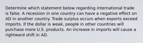 Determine which statement below regarding international trade is false. A recession in one country can have a negative effect on AD in another country. Trade surplus occurs when exports exceed imports. If the dollar is weak, people in other countries will purchase more U.S. products. An increase in imports will cause a rightward shift in AD.