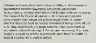 Determine if each statement is true or false. a. An increase in government transfer payments can crowd out private investment. b. An improvement in the budget balance increases the demand for financial capital. c. An increase in private consumption may crowd out private investment. d. Lower interest rates can lead to private investment being crowded out. e. An improvement in the trade balance must come from an increase in national savings. f. For an open economy, if private savings is equal to private investment, then there is neither a budget surplus nor a budget deficit.