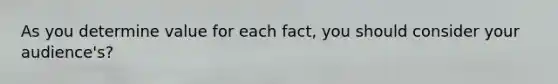 As you determine value for each fact, you should consider your audience's?