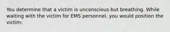 You determine that a victim is unconscious but breathing. While waiting with the victim for EMS personnel, you would position the victim: