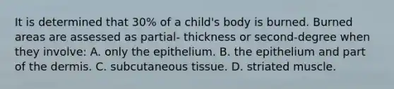 It is determined that 30% of a child's body is burned. Burned areas are assessed as partial- thickness or second-degree when they involve: A. only the epithelium. B. the epithelium and part of the dermis. C. subcutaneous tissue. D. striated muscle.