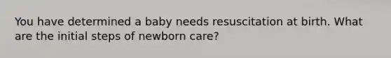 You have determined a baby needs resuscitation at birth. What are the initial steps of newborn care?