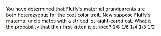 You have determined that Fluffy's maternal grandparents are both heterozygous for the coat color trait. Now suppose Fluffy's maternal uncle mates with a striped, straight-eared cat. What is the probability that their first kitten is striped? 1/8 1/6 1/4 1/3 1/2