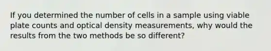 If you determined the number of cells in a sample using viable plate counts and optical density measurements, why would the results from the two methods be so different?