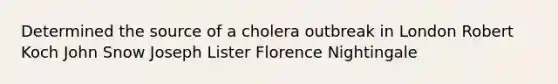 Determined the source of a cholera outbreak in London Robert Koch John Snow Joseph Lister Florence Nightingale