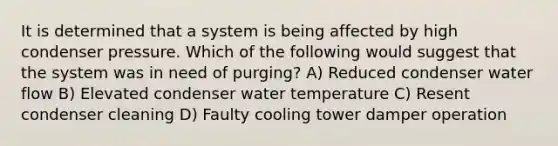 It is determined that a system is being affected by high condenser pressure. Which of the following would suggest that the system was in need of purging? A) Reduced condenser water flow B) Elevated condenser water temperature C) Resent condenser cleaning D) Faulty cooling tower damper operation