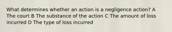 What determines whether an action is a negligence action? A The court B The substance of the action C The amount of loss incurred D The type of loss incurred